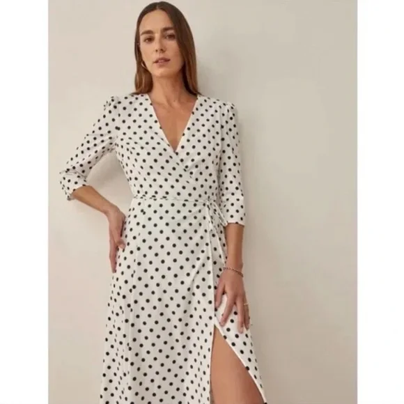 NEW Reformation Hilltop Midi Wrap Dress w/ Sleeves Polka Dot Malta Size S - Picture 4 of 14